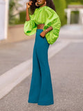 Momentlover Solid Color Puff Sleeves Loose Mock Neck Blouses&Shirts Tops