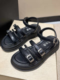 Momentlover Split-Joint Round-Toe Lace-Up Belt Buckle Sandals Platform Shoes