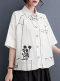 Momentlover Split-Joint Printed Contrast Color Short Sleeves Loose Lapel Blouses
