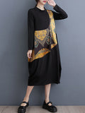 Momentlover Split-Joint Printed Asymmetric Loose Long Sleeves Round-Neck Midi Dresses