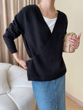 Momentlover Buttoned Asymmetric Loose Long Sleeves V-neck Sweater Tops