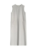 Momentlover Zipper Split-Back Solid Color Pockets Sleeveless Loose Round-Neck Midi Dresses
