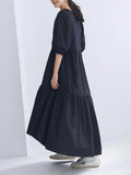 Momentlover Half Sleeves Puff Sleeves Breathable See-Through Solid Color Round-Neck Midi Dresses