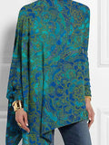 momentlover High-Low Long Sleeves Asymmetric Printed High Neck T-Shirts Tops