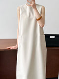 Momentlover Zipper Split-Back Solid Color Pockets Sleeveless Loose Round-Neck Midi Dresses