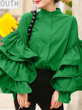 Momentlover Solid Color Ruffled Layered Buttoned Loose Long Sleeves Mock Neck Blouses&Shirts Tops