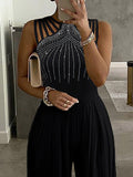 Momentlover Rhinestone Hollow Wide Leg Sleeveless Jumpsuits