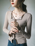 Momentlover Split-Front Skinny Long Sleeves V-Neck T-Shirts Tops