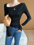 Momentlover Solid Color Skinny Long Sleeves Asymmetric Collar T-Shirts Tops