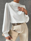 momentlover Simple Long Sleeves Puff Sleeves Asymmetric High-Neck Blouses&Shirts Tops