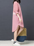 Momentlover Split-Joint Plaid Contrast Color Buttoned Three-Quarter Sleeves Loose Lapel Shirt Dress Midi Dresses