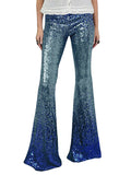 Momentlover Shiny Sequined Gradient Contrast Color Skinny Leg Flared Pants Pants Bottoms
