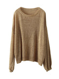 Momentlover Solid Color See-Through Loose Long Sleeves Round-Neck Sweater Tops
