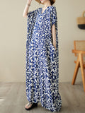 Momentlover Floral Printed Short Sleeves Loose V-Neck Maxi Dresses