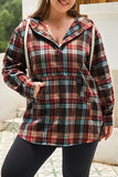 Momentlover Plus Size Drawstring Plaid Quarter Button Hoodie