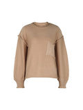 Momentlover Split-Joint Solid Color Pockets Loose Long Sleeves Round-Neck Sweater Tops Pullovers