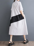 Momentlover Flower Print Buttoned Asymmetric Short Sleeves Loose Lapel Shirt Dress Midi Dresses