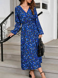 Momentlover Split-Side Leopard Elasticity Drawstring Puff Sleeves Loose V-Neck Midi Dresses