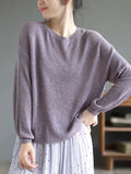 Momentlover Solid Color See-Through Loose Long Sleeves Round-Neck Sweater Tops
