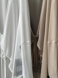 Momentlover Bishop Sleeve Long Sleeves See-Through Split-Joint Tied Collarless Blouses&Shirts Tops