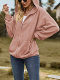 Long Sleeves Loose Drawstring Hooded Pockets Solid Color Zipper V-Neck Outerwear