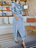 Momentlover Split-Front Solid Color Pleated Long Sleeves High Waisted Mock Neck Maxi Dresses
