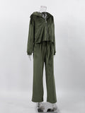 Momentlover Solid Color Hooded Long Sleeves Velvet Zipper Sweatshirt Top + Drawstring Elasticity Pockets Pants Bottom Two Pieces Set
