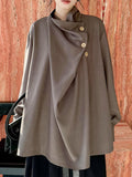 Momentlover Split-Joint Solid Color Pleated Buttoned Asymmetric Loose Long Sleeves High Neck Blouses