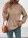 Momentlover Split-Joint Solid Color Pockets Loose Long Sleeves Round-Neck Sweater Tops Pullovers