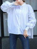 Momentlover Split-Joint Solid Color Pleated Elasticity Puff Sleeves Loose Round-Neck Blouses