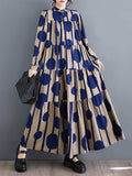 Momentlover Split-Joint Polka-Dot Pleated Buttoned Loose Long Sleeves Stand Collar Shirt Dress Maxi Dresses
