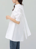 Momentlover Solid Color Pleated Bowknot Loose Half Sleeves Mock Neck Blouses&Shirts Tops