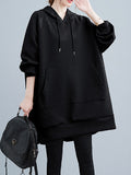Momentlover Split-side Solid Color Pockets Drawstring Buttoned Raglan Sleeve Loose Hooded Hoodies Tops