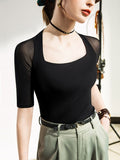 Momentlover Simple Solid Color Square-Neck Half Sleeves Shirt