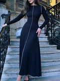 Momentlover Striped Solid Color Skinny Long Sleeves Round-Neck Maxi Dresses