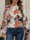 Momentlover Pleated Flower Print Elasticity Puff Sleeves Loose Mock Neck Blouses&Shirts Tops