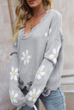 Momentlover Flower Distressed Ribbed Trim Sweater