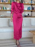 Momentlover Split-Front Solid Color Pleated Long Sleeves High Waisted Mock Neck Maxi Dresses