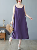 Momentlover Solid Color Sleeveless Loose Spaghetti-Neck Midi Dresses