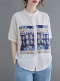 Momentlover Artistic Retro Loose Applique Printed Blouse