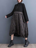 Long Sleeves Loose Drawstring Printed Split-Joint Zipper Midi Dresses