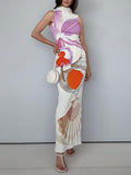 Momentlover Split-Back Flower Print Sleeveless High Waisted Mock Neck Maxi Dresses