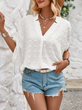 Momentlover Solid Color Jacquard Loose Half Sleeves V-Neck T-Shirts Tops