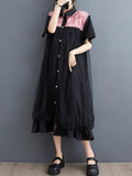 Momentlover Split-Joint Printed Falbala Short Sleeves Loose Lapel Midi Dresses