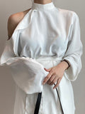 Momentlover Tied Waist Solid Color Ruffled Hollow Asymmetric Loose Long Sleeves Mock Neck Blouses&Shirts Tops