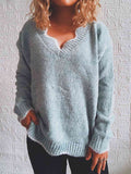 Momentlover Notched Dropped Shoulder Long Sleeve Sweater