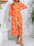 Momentlover Tied Waist Printed Elasticity Nine-Minute Sleeve High Waisted V-Neck Shirt Dress Midi Dresses