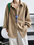 Momentlover Simple Loose Long Sleeves Buttoned Solid Color Textured Lapel Collar Blouses&Shirts Tops