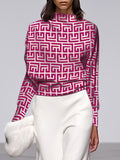 Momentlover Long Sleeves Loose Geometric Printed Stand Collar T-Shirts Tops
