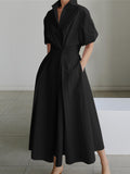 Momentlover High Waisted Loose Pleated Solid Color V-Neck Midi Dresses